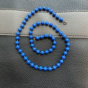 Vintage Acrylic Royal Blue Beaded Knotted Necklace 14" Long